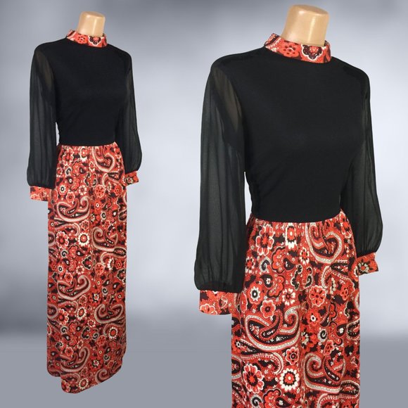 VINTAGE 70s Sheer Bishop Sleeve Paisley Print Maxi Dress size 12 - Picture 5 of 8